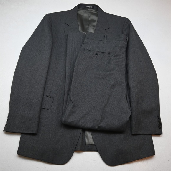 Vtg USA Made 42L 38x30 Gray Herringbone Wool Flannel Mens Jacket Pants Suit